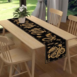 Chinese Dragon Table Runner, Japanese Traditional Zodiac Dragon Spring Festival Asian Style Black Gold Table Center Decor for Home Kitchen Dining Patio Holiday Party Indoor Outdoor, 13"x108" Inch