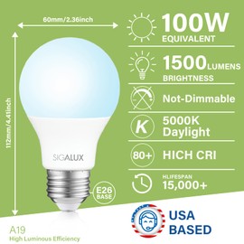 Sigalux Light Bulbs 100 Watt Equivalent,A19 Daylight Standard LED Bulbs Non-Dimmable 5000K White,High Luminous Efficiency 10W Energy Efficient E26 Medium Base,1500LM,ETL Listed,4 Pack