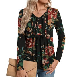 Findsweet Womens Long Sleeve Tunic Tops Casual V Neck Blouse Dressy Loose Shirts Medium Fl Brown Black