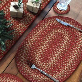 Homespice Apple Pie Premium Jute Braided Placemat Set of 4 Oval 10x15 Red Reversible, Natural Jute Yarn Rustic, Country, Primitive, Farmhouse Style