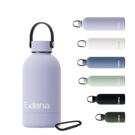 Exllena 350ml Small Water Bottle 350m for Handbag, Small Drinks Bottle with Handle Lid and Carabiner, Double Wall Vacuum Keeps Drinks Cold 24 Hrs/Hot 12 Hrs BPA Free (Purple)