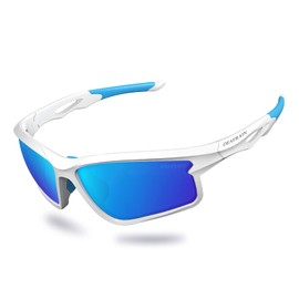 DEAFRAIN Polarized Sports Sunglasses for Men Women Cycling Running Golf Fishing Baseball White Blue Glasses TR90 Unbreakable Frame UV400 Protection