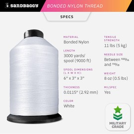 Sandbaggy Bonded Nylon Thread 69 (tex 70) - 3000 yd Spool - Hand Sewing Or Sewing Machine - Military Grade (milspec) - Heavy Duty Thread for Upholstery, Leather, Canvas, Coat, Shoes (4, White)