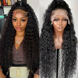 ADESORAES 360 Glueless Curly Human Hair Wig 28 Inch Pre Plucked Hidden Strap Water Wave Lace Front Human Hair Wigs With Drawstring 180 Density Wet and Wavy HD Full 360 Lace Frontal Wigs
