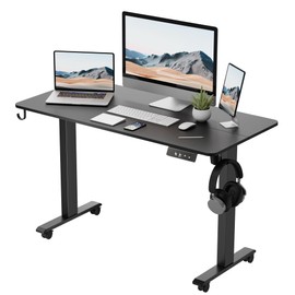 TIQLAB Standing Desk 47 x 24 inch, Electric Height Adjustable Desk with Splice Board, Stand Up Desk with Casters, Sit Stand Desk Computer Desk for Home Office, Black Frame/Black Top