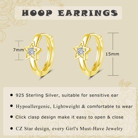 Loutade Silver Hoop Earrings for Women, 925 Sterling Silver Star Hoop Earrings, Hypoallergenic Star Earrings Gold, Dainty Small CZ Star Sleeper Cartilage Gold Huggie Hoop Earrings for Christmas