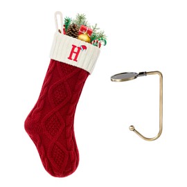 VRFASHION - Medias de Navidad con iniciales, letras H bordadas, monograma grande de 18 pulgadas, calcetines de Navidad de punto, chimenea, decoración familiar, 1 pieza de color rojo y blanco