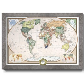 Renditions Gallery Colorful World Map Canvas Wall Art with Vintage Silver Wood Frame Wall Hanging Travel Map with Push Pins for Home, Office, Classroom
