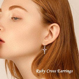 TOUPOP Ruby Cross Earrings for Women Sterling Silver July Birthstone Earrings Heart Cross Earrings Jewelry Birthday Gifts for Her