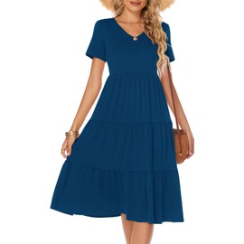 Berydress Summer Dresses for Women 2025 Short Sleeve V-Neck Casual Beach Cotton Tiered Midi Sundress (M, 6175-Deep Blue)