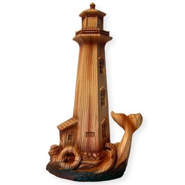 Handcrafted Wood-Effect Lighthouse: 22cm Height, Intricate Carving, Adorned with Whale Tail Design