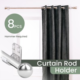8pcs Heavy Duty Curtain Rod Holders with Wide Hook, 5X Stronger Than Adhesive Curtain Rod Hooks, 25 LBS Tension Curtain Rod Bracket for Wall with Level and Pin Guide, Minimal Damage Curtain Wall Mount