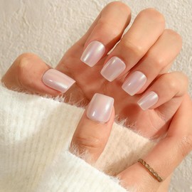 KQueenest Chrome Press On Nails Short Medium, Glitter Nude Pink Press On Nails Square, Glazed Sparkly Fake Nails With Glue, Shiny Soft Gel Reusable Glue on Nails for Women Weddings in 24 Pcs