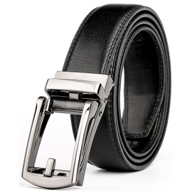 Leather Ratchet Dress Belt for Men Perfect Fit Waist Size up to 44 Inches with Automatic Buckle, Suit Pant Size 22-36 Inches, A-Black(Gunmetal Buckle)