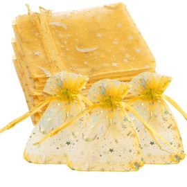 Pack of 50 organza bags, small organza mesh bags, organza jewellery bags, small drawstring bags, gift bag organza with drawstring, gift bag with cord, 8 x 10 cm (gold)