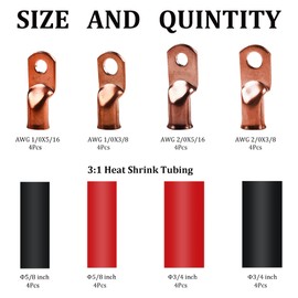 32Pcs Battery Cable Lugs 1/0 AWG 2/0 AWG Copper Lugs 0 Gauge 00 Gauge Heavy Duty Wire lugs Ring Terminal Connectors with 3/8" and 5/16" Stud Battery Cable Ends with 3:1 Heat Shrink Tube