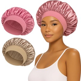 Pack of 2 Satin Bonnet, Satin Hair Cap, Hair Cap for Night, Silk Bonnet for Sleeping, Reusable Silk Bonnet Silk Cap, Hair Bonnet for Women and Girls (Gold Grey, Pink)