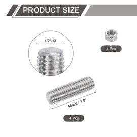 sourcing map 1/2"-13 Fully All Threaded Rod, 4Pcs 304 Stainless Steel Long Threaded Screw 1.8" Length Right Hand Threads for Furniture Mounting Assembly Fastening