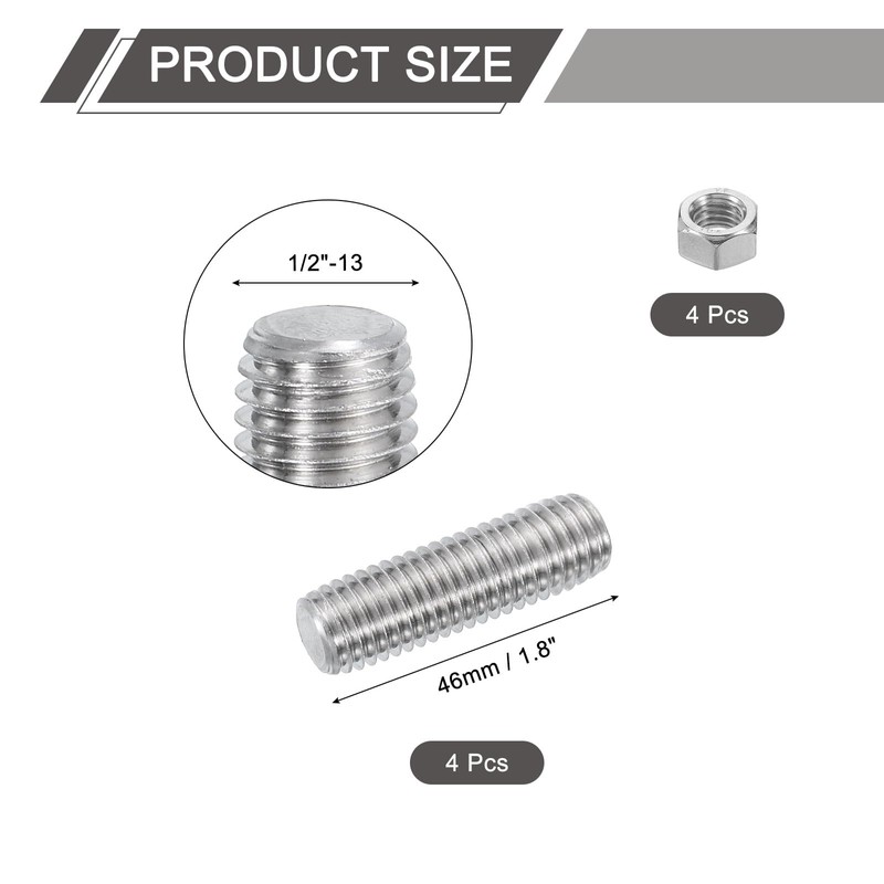 sourcing map 1/2"-13 Fully All Threaded Rod, 4Pcs 304 Stainless