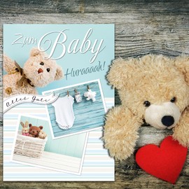 XXL baby birth card DIN A4 - large baby card - 1 piece - set with large envelope DIN C4 - cuddly toys with rompers - for boys