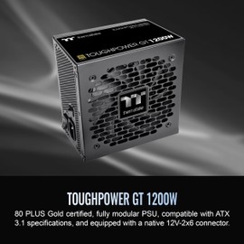 Thermaltake Toughpower GT 1200W; ATX 3.1; x2 Native PCIe 5.1 12V-2x6; Full Modular; Flat Cables; Color Matched Connectors; Japanese Main Capacitors; 80 Plus Gold; 140mm; Black; PS-TPT-1200FNFAGU-3