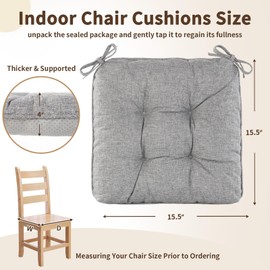 LYLNBYWK Chair Cushions for Dining Chairs, Tufted Foam Kitchen Chair, Non-Slip Seat Cushions with Ties Set of 4, 15.5" x 15.5" x 4", Grey