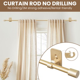 Curtain Rods No Drilling for Windows 28 to 36 Inch, 5/8" Adjustable Gold Curtain Rod, Renter-friendly with Adhesive Brackets for Drill-free Installation.