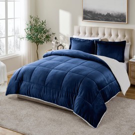 Cathay Home Full Comforter Set: Ultra Soft and Plush Reversible Micromink and Sherpa 3-Piece Bedding Set, Navy, Full (76" x 86")