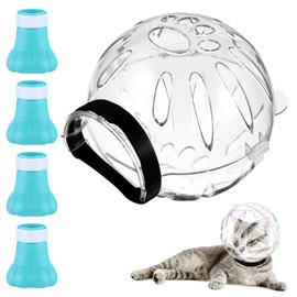 Cat Muzzle for Grooming, Transparent Helmet with 4 Silicone Paw Covers Cat Adjustable Hood Kitten Breathable Anti Bite Muzzles with Anti Scratch Boots for Pet Bathing Shaving