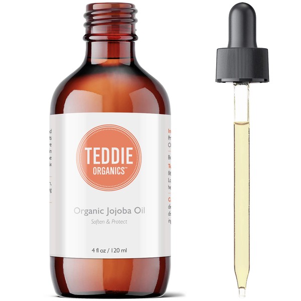 Teddie Organics Golden Jojoba Oil 100% Pure Organic Cold Pressed and Unrefined 4oz - Natural Moisturizer for Face Hair and Sensitive Skin, Carrier Oil for Essential Oils