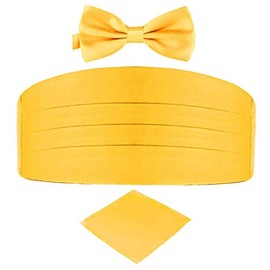 Biruil Men's Cummerbund Bow Tie Set Paisley Pretied Bowtie Hanky Pocket Square Set For Tuxedo Party Wedding (S Yellow)