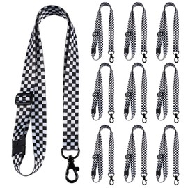 Black and White Checkered Lanyard Keychain w/Clasp - Checkered Flag ID Lanyard for Keys Badges USB Whistle - Racing Flags ID Holder Keychain for Women Men Kids (10 Checkerboard Lanyards)