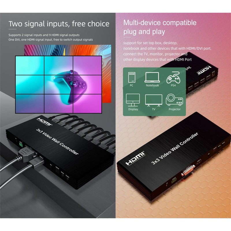 3x3 HDMI Video Wall Controller， DVI TV Wall Processor with
