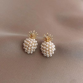 AIANFU Round Pearl Bow Earrings for Women Charms Novelty Bow Knot Stud Dnagle Drop Jewelry Gifts (Pineapple)