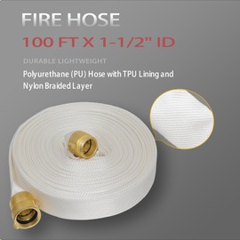 Fire Hose 100 FT x 1-1/2" ID, Brass NST, NH Interface, TPU, Polyester, Working Pressure 250 PSI, Burst Pressure 500 PSI, Indoor Fire, Home, Garden Fire Hose Irrigation