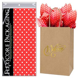 Flexicore Packaging Natural Brown Kraft Paper Welcome Bags & Red Gift Wrap Tissue Paper | Size: 5.25 Inch X 3.25 Inch X 8.25 Inch | Count: 5 Bags | Color: Red Polka Dot