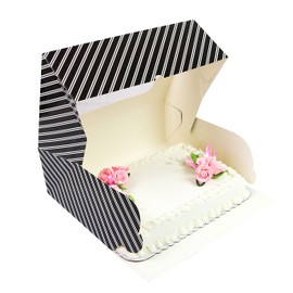 Global Sugar Art Auto-Popup Extra Deep Quarter Sheet Cake Box with Window, Black and White Stripe, 14 x 10 x 5 Inches, 10 Count. For 9 x 13 sheet cakes, cookies, pastries, desserts.