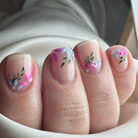 Short Square Press on Nails SWEKKE Fake Nails Nude Full Cover Purple Blue Flower False Nails with Leaves Designs Glossy Glue on Nails Stick on Nails Acrylic Artificial Nails for Women Girls 24Pcs