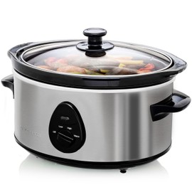 OVENTE Electric Slow Cooker with 3 Cooking Settings, Non-Stick and Dishwasher Safe Stoneware, Stainless Steel Body, Glass Lid, 3.7 Qt Oval Pot for Entrees, Soups, Sauces, Stews & Dips, Silver SLO35ABR