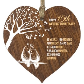 15th Wedding Anniversary Wooden Heart Plaque, Dark Wood Sign Keepsake, Celebrate Crystal Anniversary Wife Husband Boyfriend Girlfriend, Plaque with Quotes Gifts from the Kids