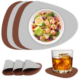 AWAMRWA Leather Placemats and Coasters, Set of 4 Oval Placemats with Placemats, Washable Leather Plates, Coasters and Double-Sided Non-Slip Waterproof Placemats