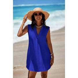 Halife Beach Vacation Clothes for Women Trendy Plunging Neckline Bathing Suit Cover Up Sleeveless Swim Suits Cover Ups Flowy Beach Dress Royal Blue L