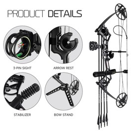 Lanneret Compound Bow and Archery Sets - Right Hand Archery Compound Bows 0-70 lbs Draw Weight Adjustable for Adults and Beginners，25"-31" Draw Length，up to IBO 320 fps，Archery Hunting Bow Set，Black