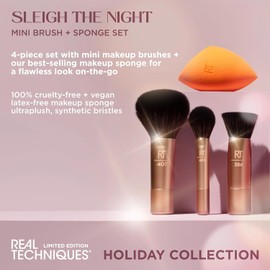 Real Techniques Set de Regalo Navideño de 4 Mini Brochas Y Esponjas Sleigh The Night, Brochas de Maquillaje Pequeñas para Viaje, Esponja de Maquillaje para Base Y Corrector, Regalo de Navidad, Edición