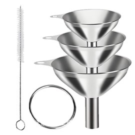 Jotia 4Pcs Stainless Steel Kitchen Funnel Set with Brush, 3 Sizes Metal Funnel Food-Grade Cooking Funnels for Kitchen Use Filling Bottles Transferring Liquid (4.5/5.5/7.5cm)