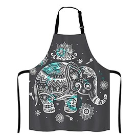 Lefolen Animal Elephant Kitchen Cooking BBQ Chef Apron,Lotus Ethnic Elephant Apron for Men, Women - Dad Gifts, Gifts for Men - Birthday, Mothers Day Gifts for Mom, Wife, Husband, Brother, Friends