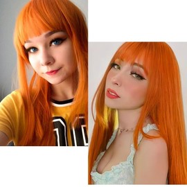Orange Long Straight Wigs for Women Synthetic 28 Inch Natural Hair Wig with Bangs for Cosplay Daily Use