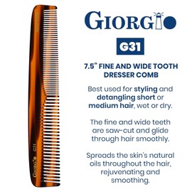 Giorgio G31 TortoiseShell Fine Tooth and Wide Tooth Hair Comb, Styling Comb, Grooming Hair Combs for Women, Mens Beard Care Combs for Detangling and Styling - Handmade Saw-Cut and Hand Polished