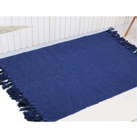 Cotton Bathroom Rug Reversible Laundry Room Rag Rug. Hand Woven Chindi Area Rug Entryway for Kitchen Bathroom Bedroom Dorm (22" x 36", Stripe Navy)
