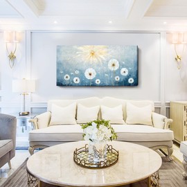 Nicetop Large Canvas Wall Art for Living Room- Floral Landscape Artwork Gallery Wrapped Nature Wildflower Dandelion Print Botanical Flower Picture Bedroom Office Decor,Blue and White, 48x24 Inch